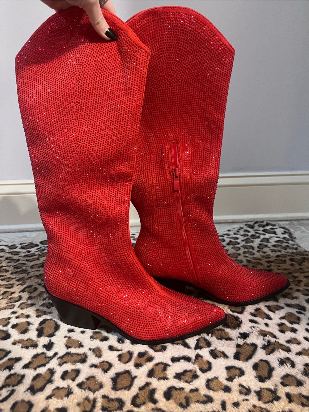 NIKA Red Rhinestone Mid-Calf Heeled Boots
